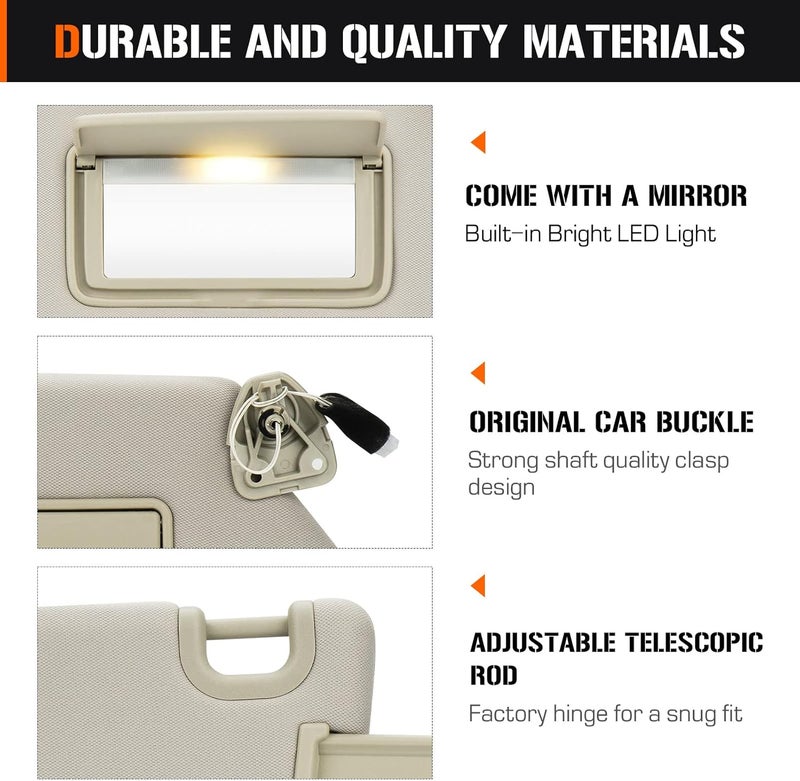 AEagle Left & Right Sun Visor with Light for 2013-2018 Nissan Pathfinder, 2014-2017 Infiniti QX60, 2013 JX35, Driver & Passenger Side Beige Sunvisor Replacement 96401-9PB0A, 96400-9PB0A - Image 5